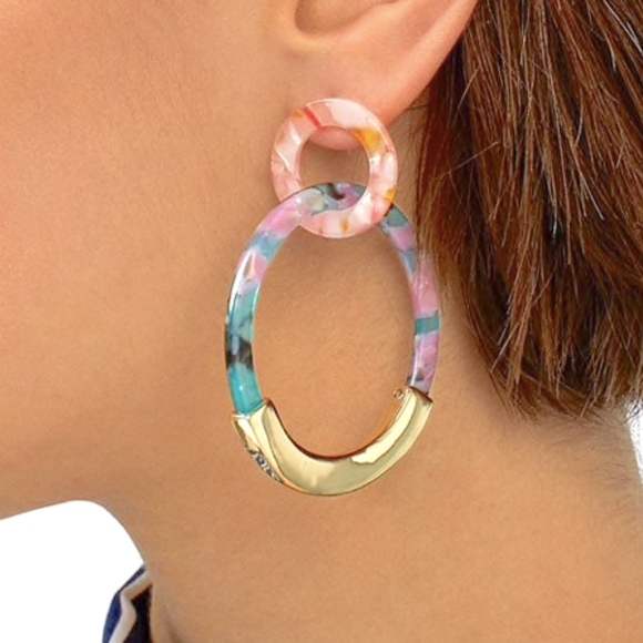 Resin Tortoise Shell Hoop Dangle Earrings - Picture 4 of 5